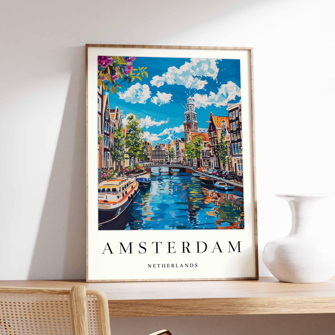 Amsterdam Netherlands Canal Boats Church Tower Skyline Poster
