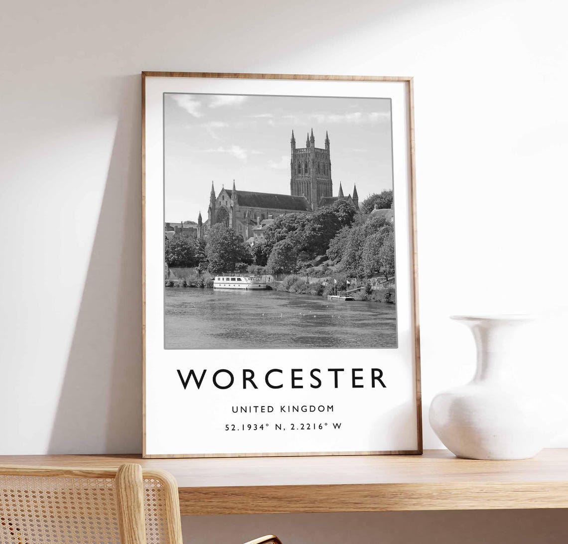 Worcester Cathedral Black White Photo England UK Landmark Poster