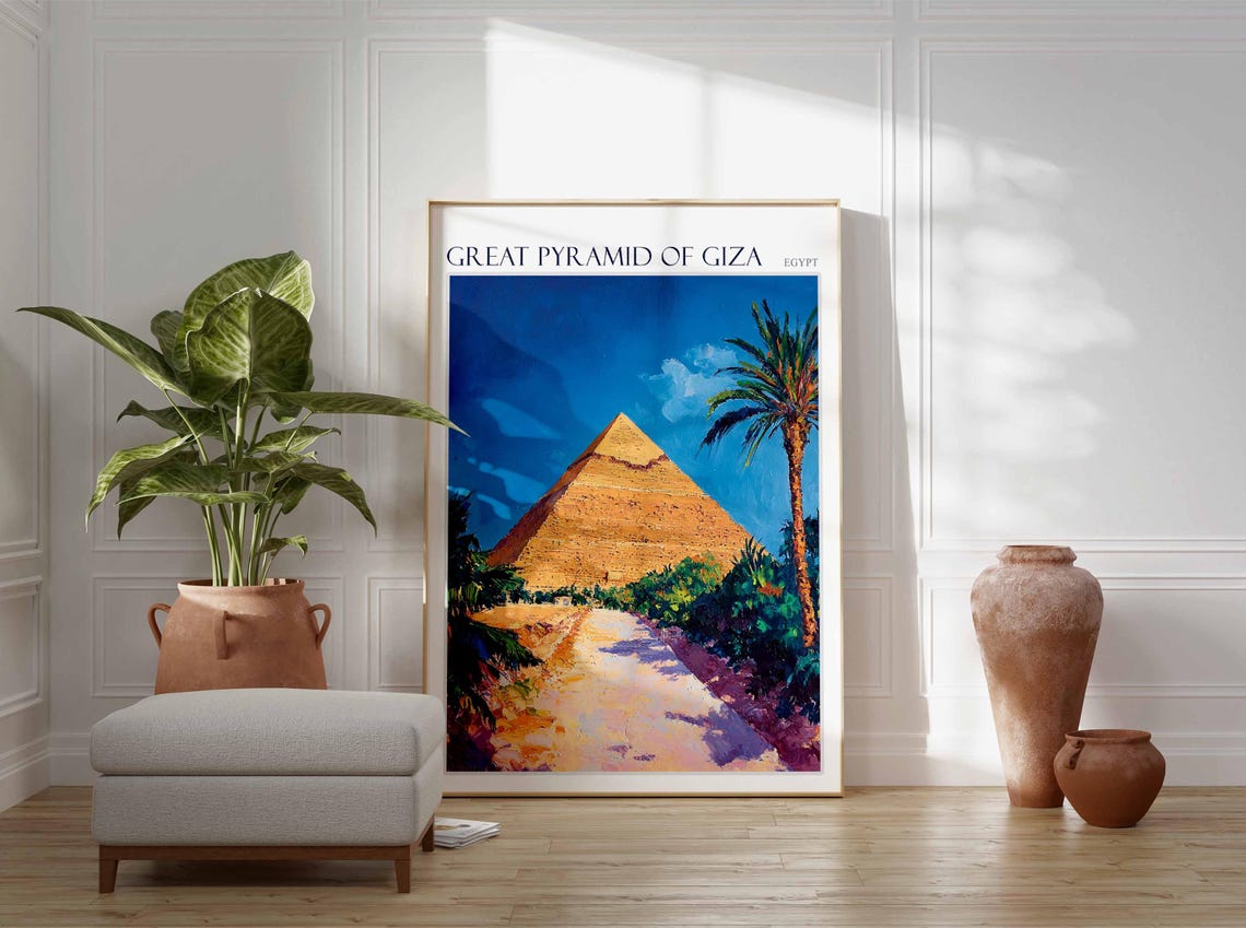 Great Pyramid of Giza Egypt Palm Path Desert Scene Painting Poster - Image 2