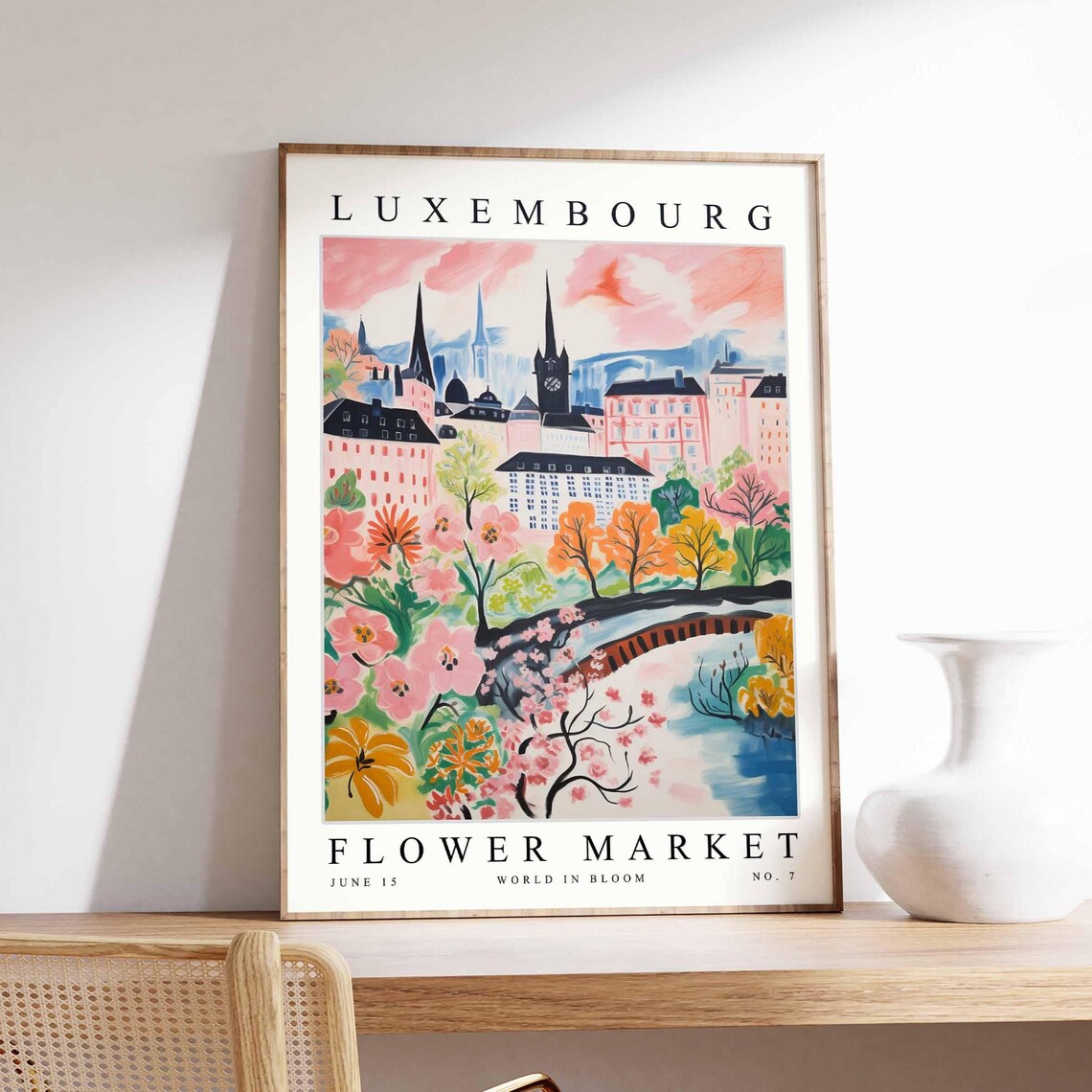 Luxembourg Flower Market Pink Sky Church Spires Bloom Art Poster