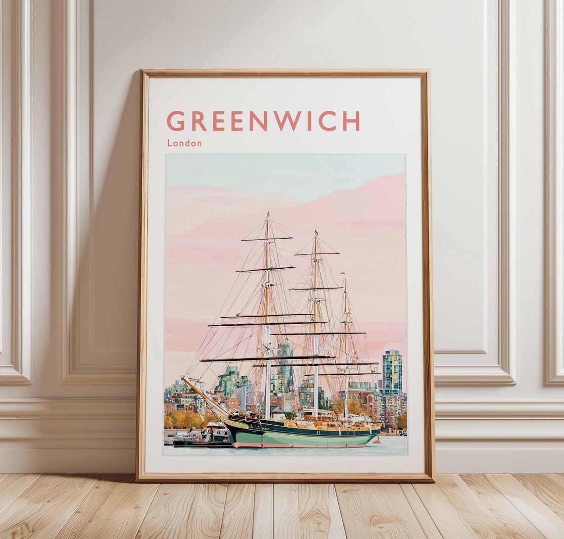 Greenwich London Cutty Sark Tall Ship Harbor Illustration Poster