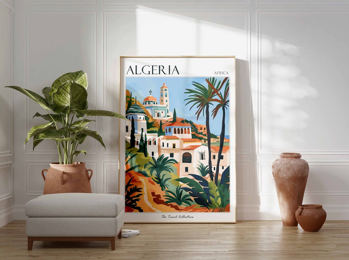 Algeria Africa Whitewashed Mosque Town Palm Tree Travel Poster - Image 2