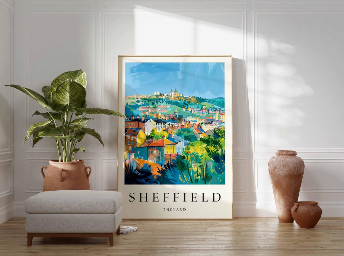 Sheffield England Winding Lane Through Blue Houses and Flowers Poster - Image 4