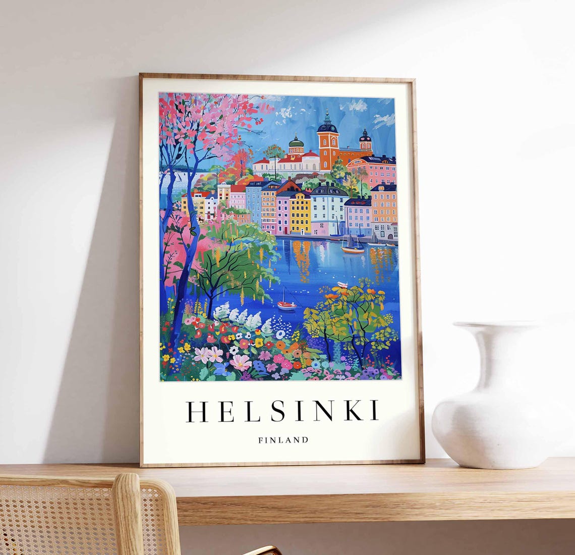 Helsinki Finland Blossom Waterfront Folk Art View Travel Poster