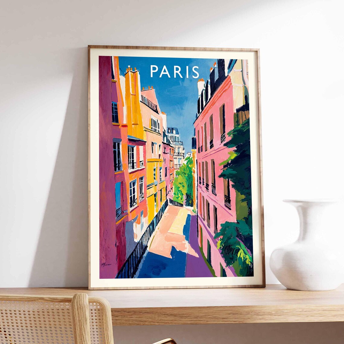 Paris France Pink and Orange Montmartre Alleyway Travel Poster