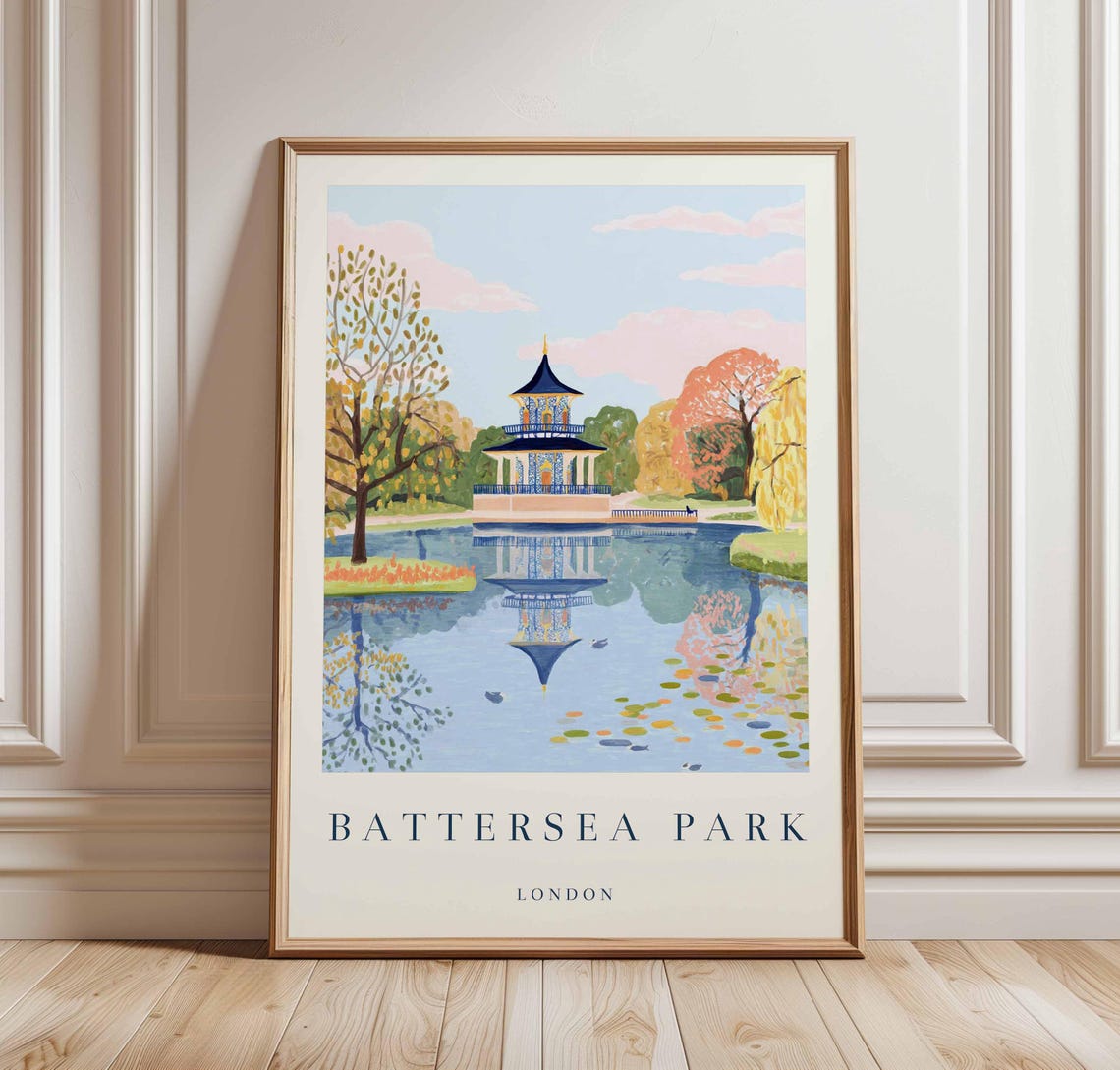Battersea Park London Peace Pagoda Autumn Lake Reflection Poster