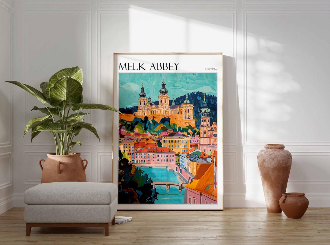 Melk Abbey Austria Golden Towers Close Up Over the River Travel Poster - Image 3
