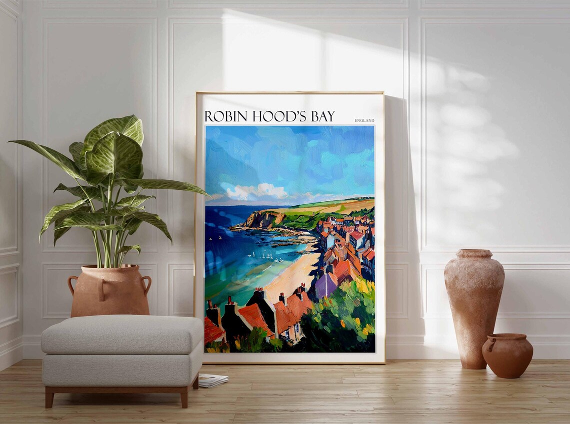 Robin Hood's Bay England Chimneys Beach Aerial View Scenic Poster - Image 4