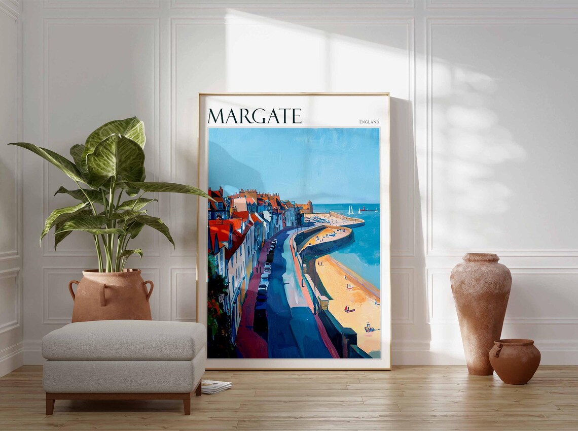 Margate England Sweeping Road to Beach Red Roofs Harbor Poster - Image 3