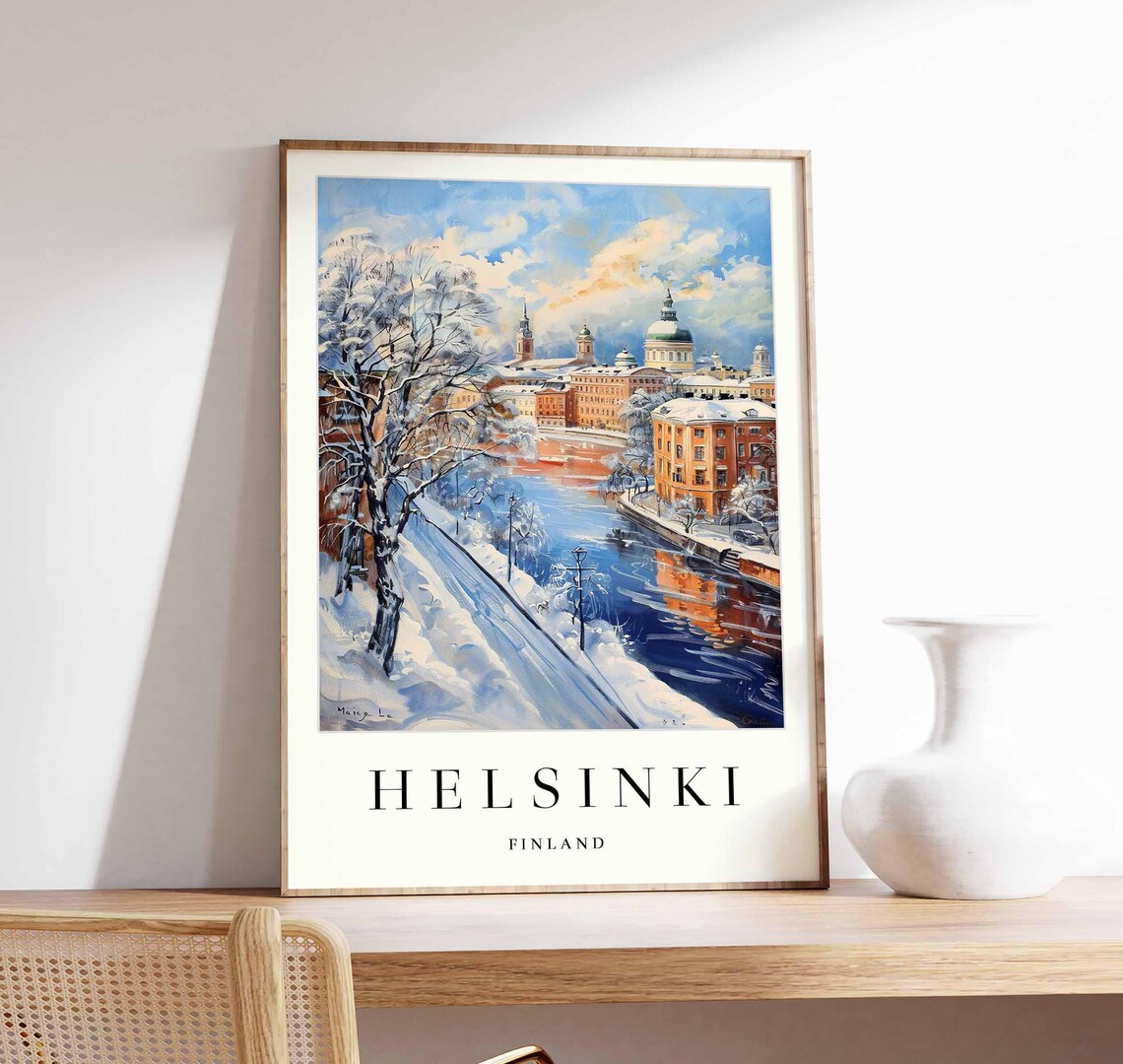 Helsinki Finland Winter River Poster Snowy Banks and City Cathedral