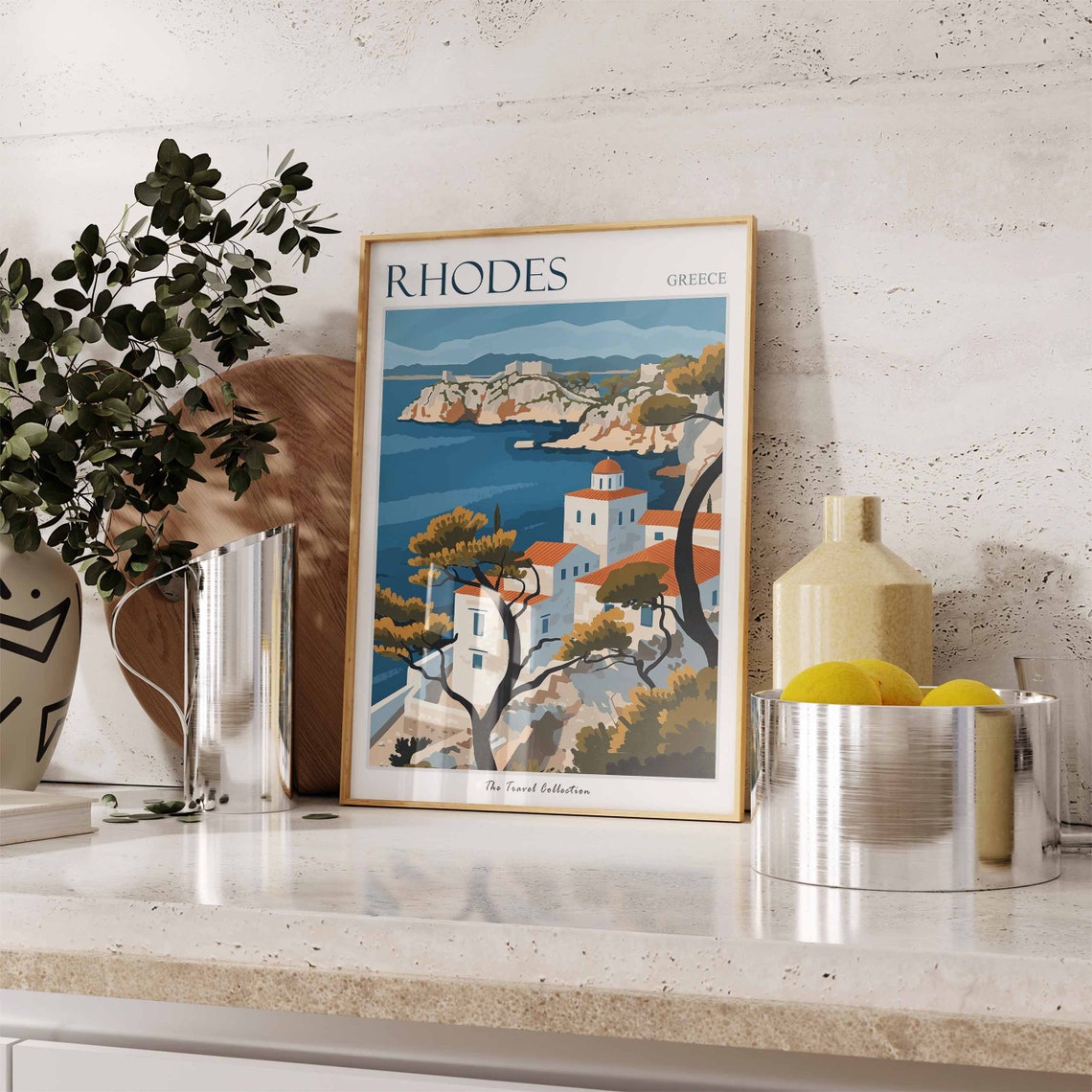 Rhodes Greece Retro Whitewashed Church Dome Travel Collection Poster - Image 3