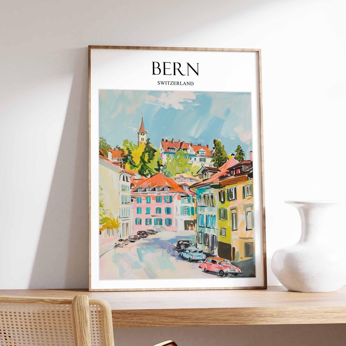 Bern Switzerland Colorful Old Town Street Scene City Travel Poster