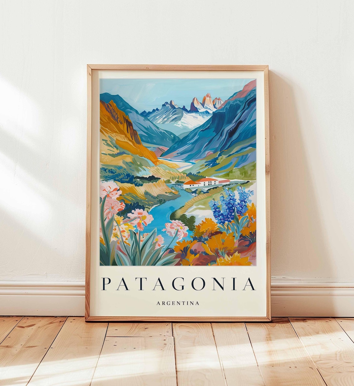 Patagonia Argentina Granite Peaks River Wildflower Travel Poster