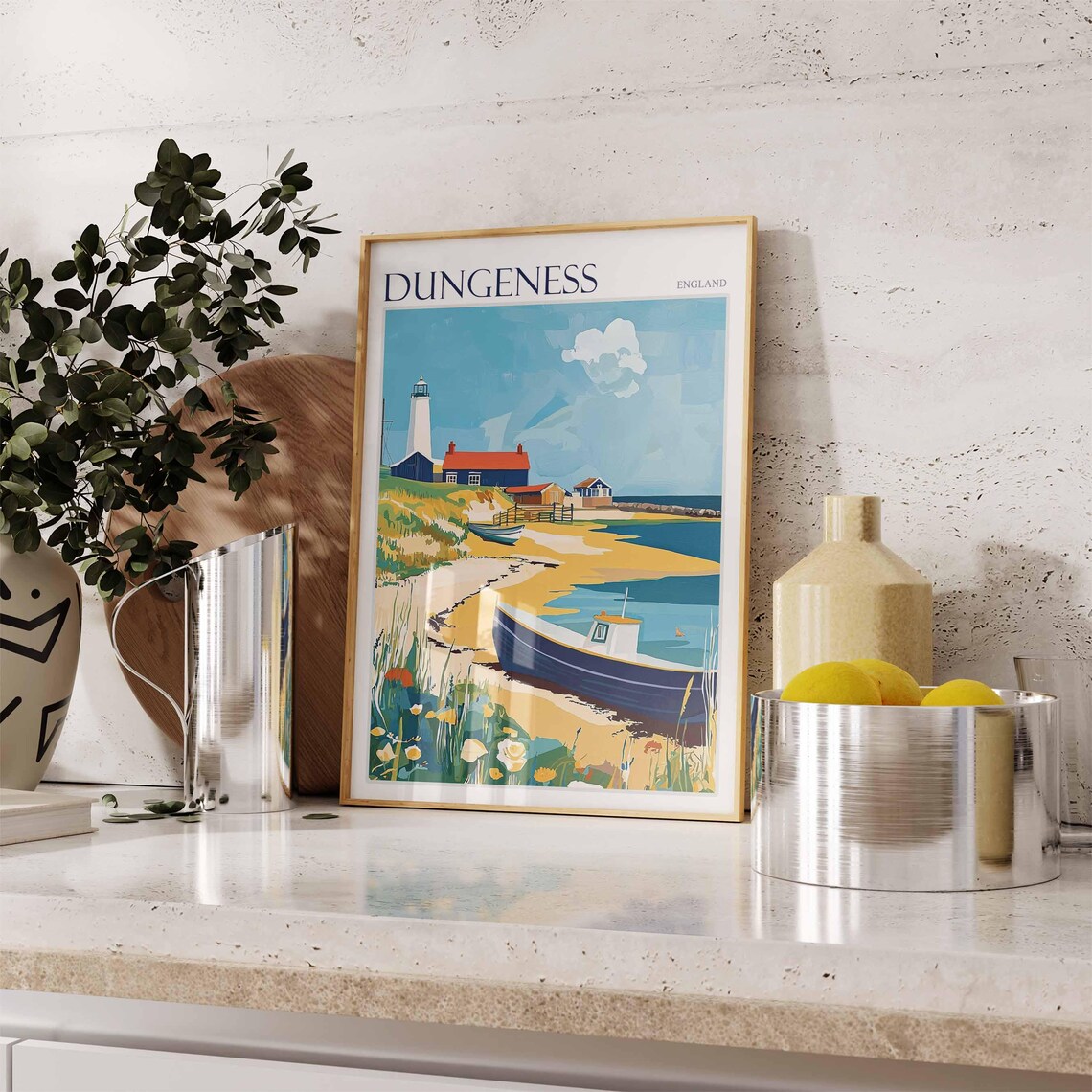 Dungeness England Lighthouse and Fishing Boats Sandy Beach Poster - Image 2