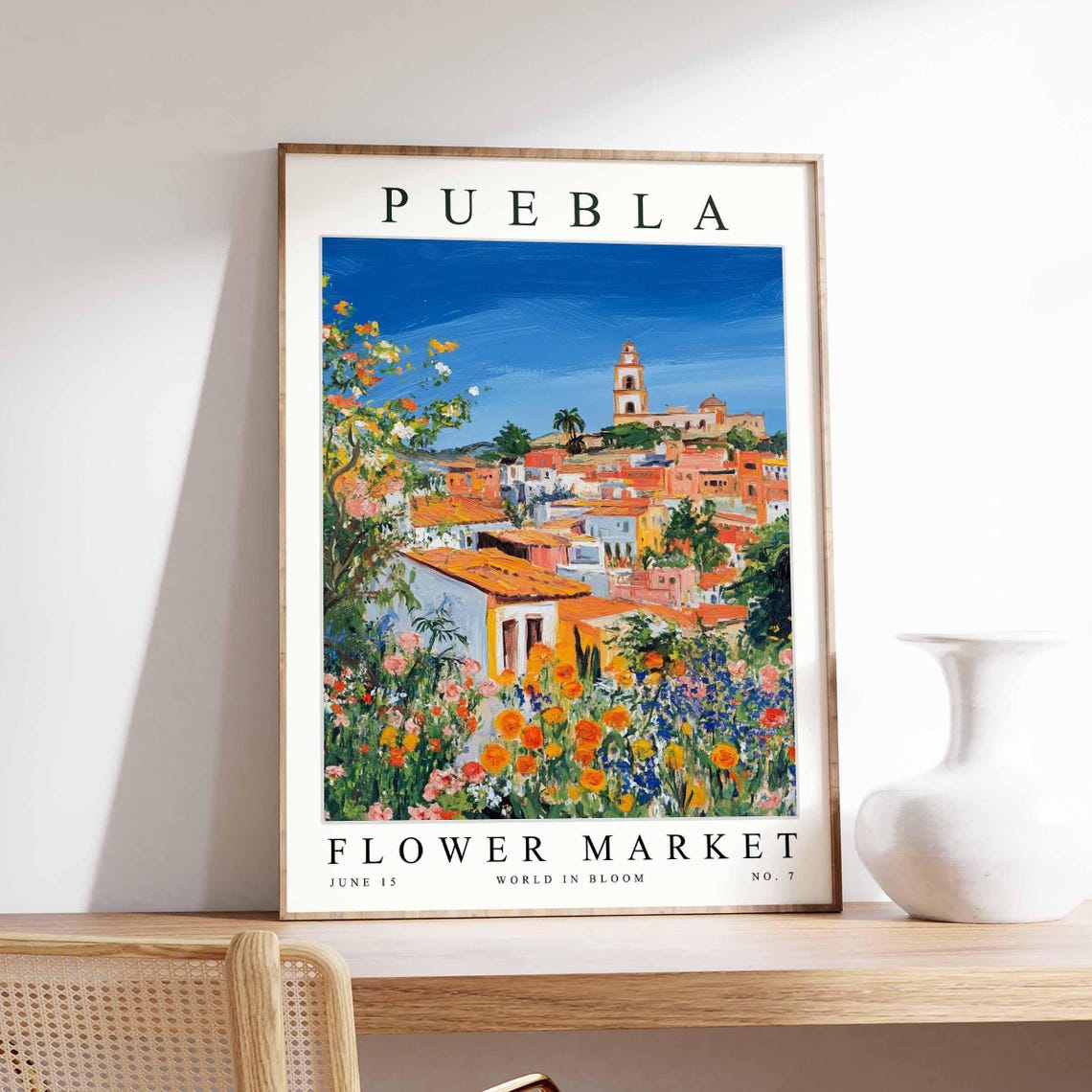 Puebla Mexico Church Tower Terracotta Rooftops Travel Poster