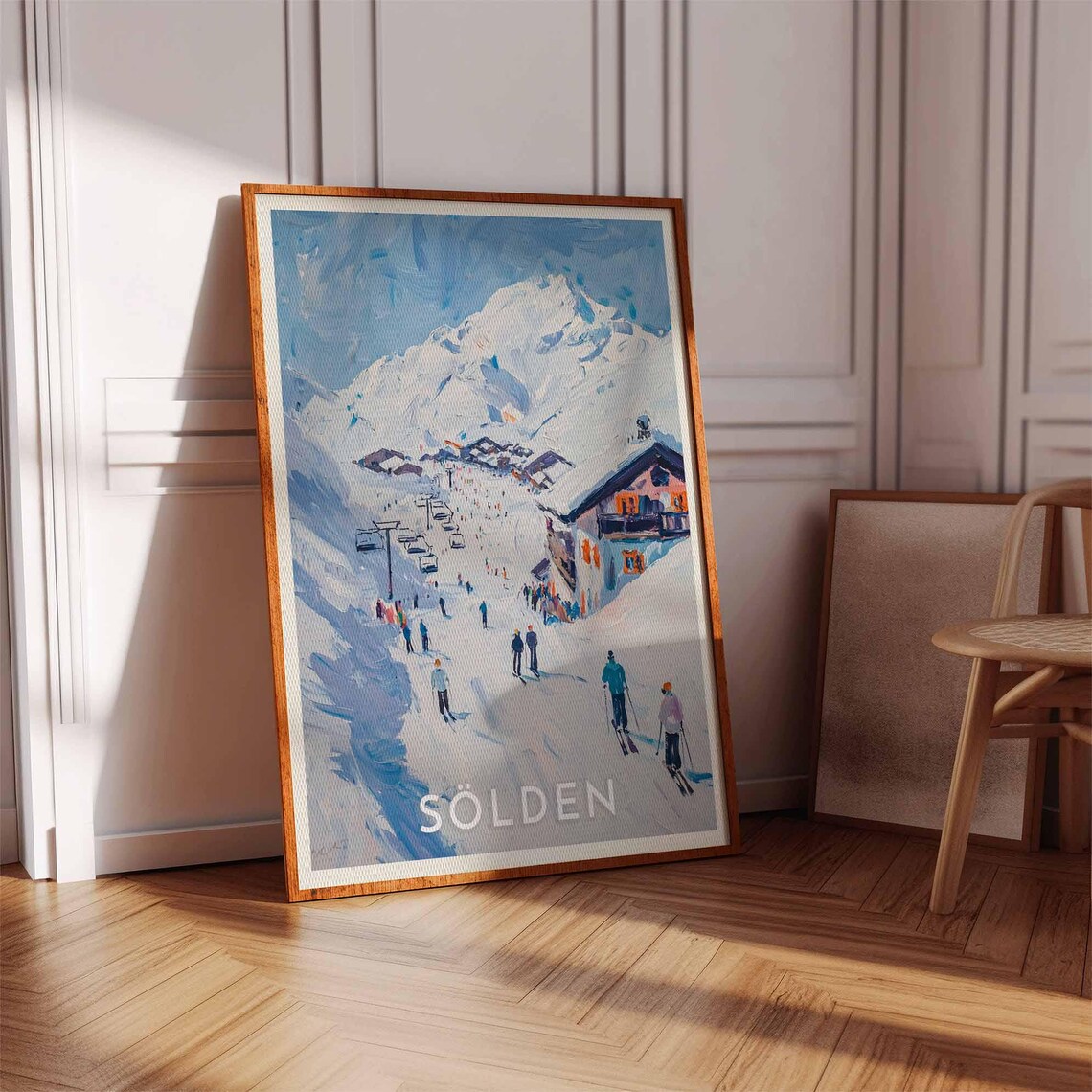 Sölden Austria Impasto Busy Slopes Blue Skiers and Lodge Poster - Image 3