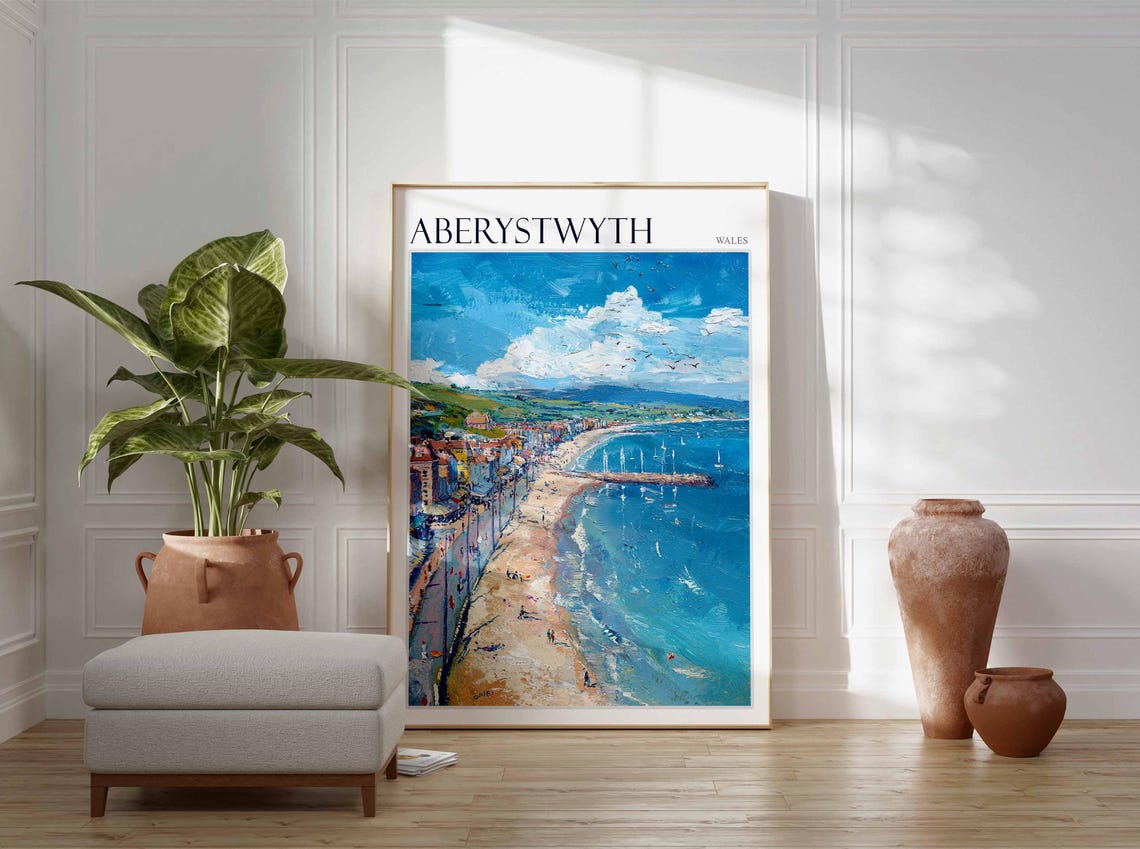 Aberystwyth Beach Panorama Pier Sailboats Welsh Coast Travel Poster - Image 3