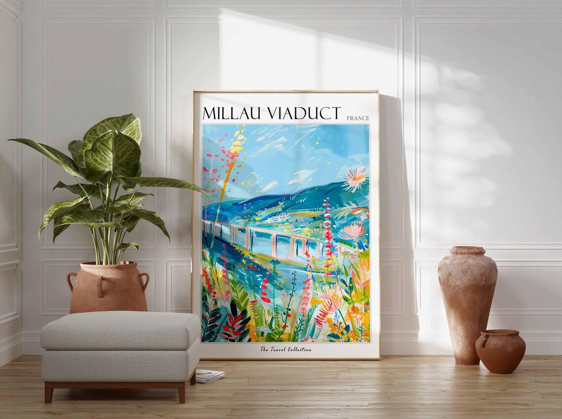 Millau Viaduct France Wildflower Meadow Valley Painting Travel Poster - Image 3