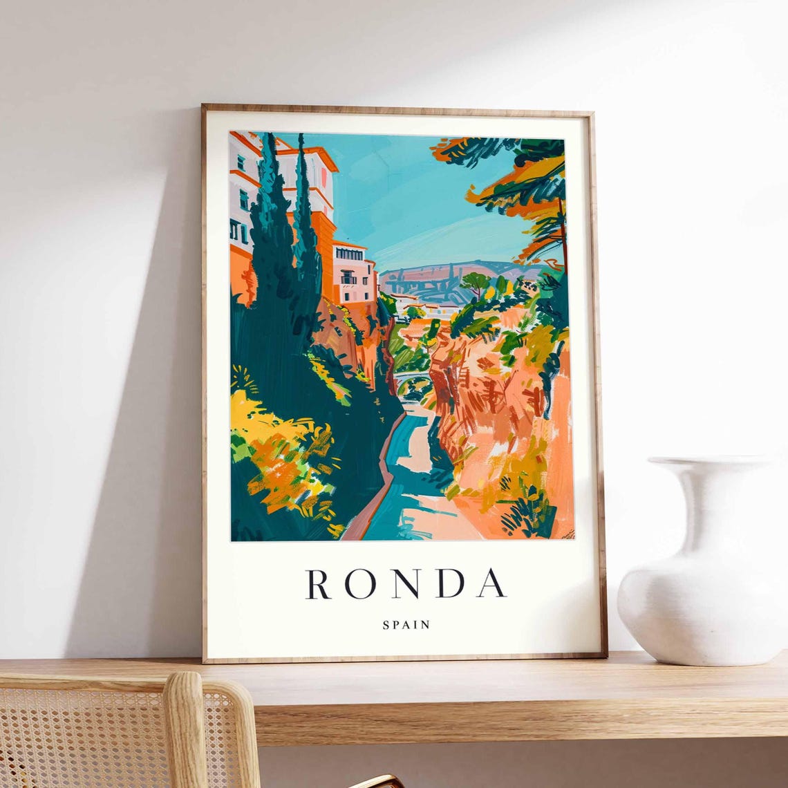 Ronda Spain Cliffside Old Town Gorge River Cypress Trees View Poster