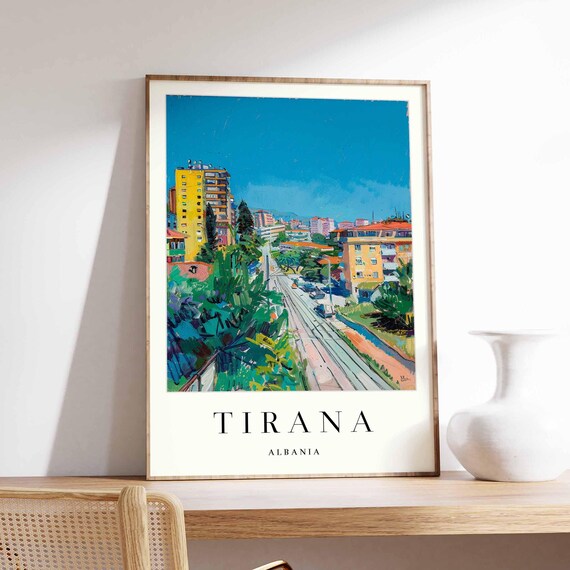 Tirana Albania Tram Line Street Painted City Scene View Poster