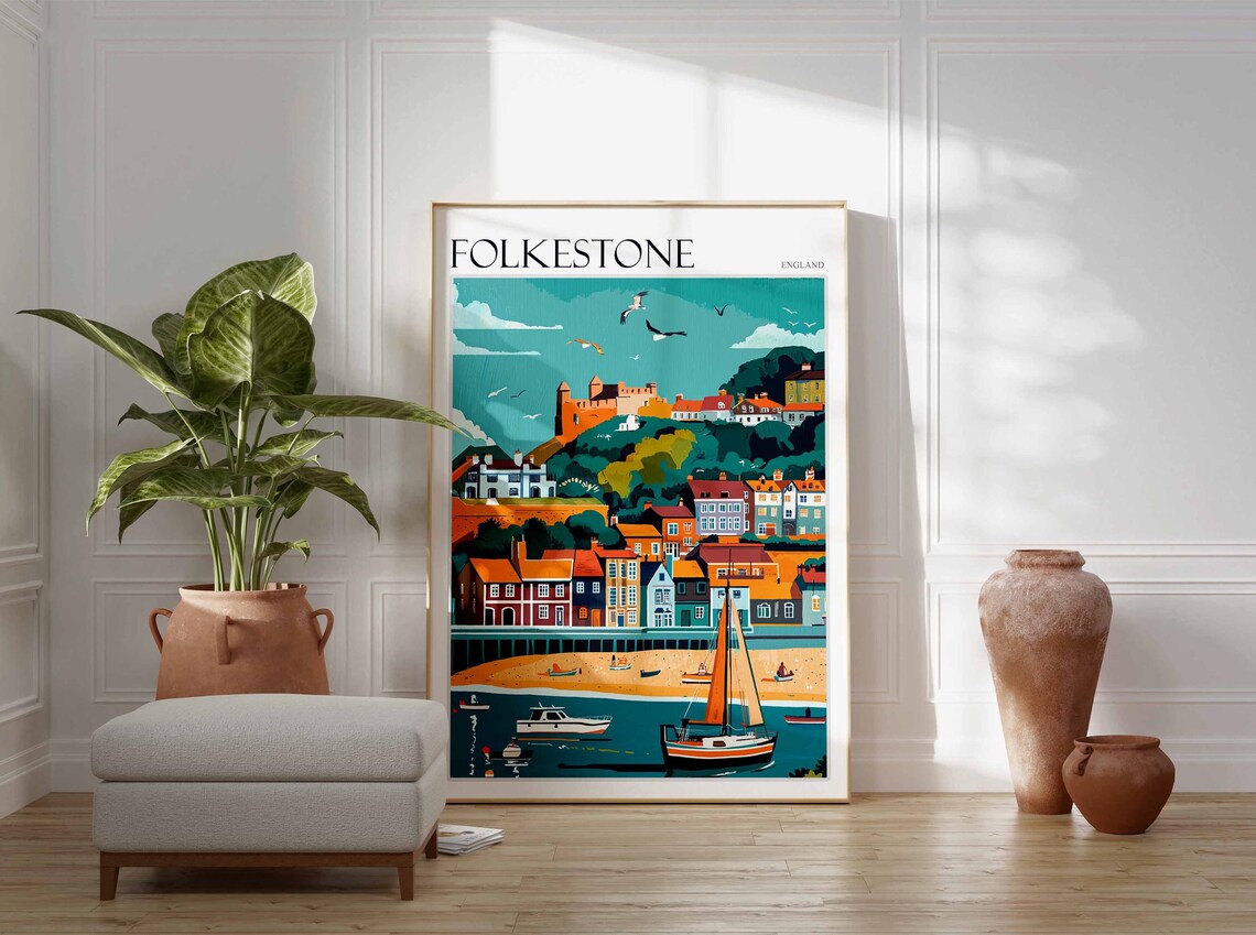 Folkestone England Harbor Boats Hillside Town Retro Art Poster - Image 3
