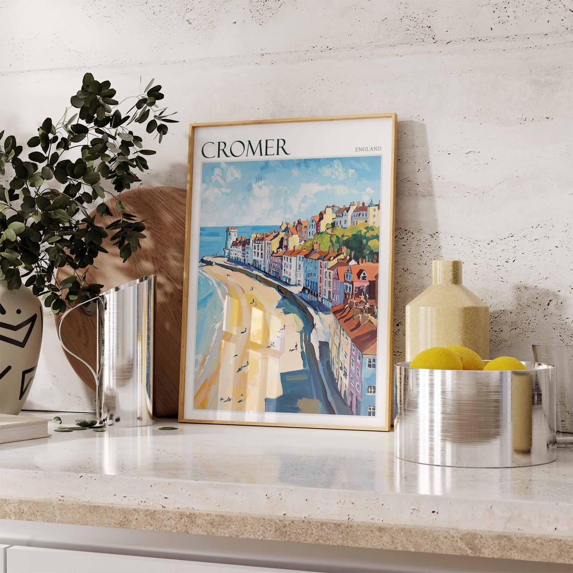 Cromer England Curved Sandy Beach Colorful Buildings Travel Poster - Image 2