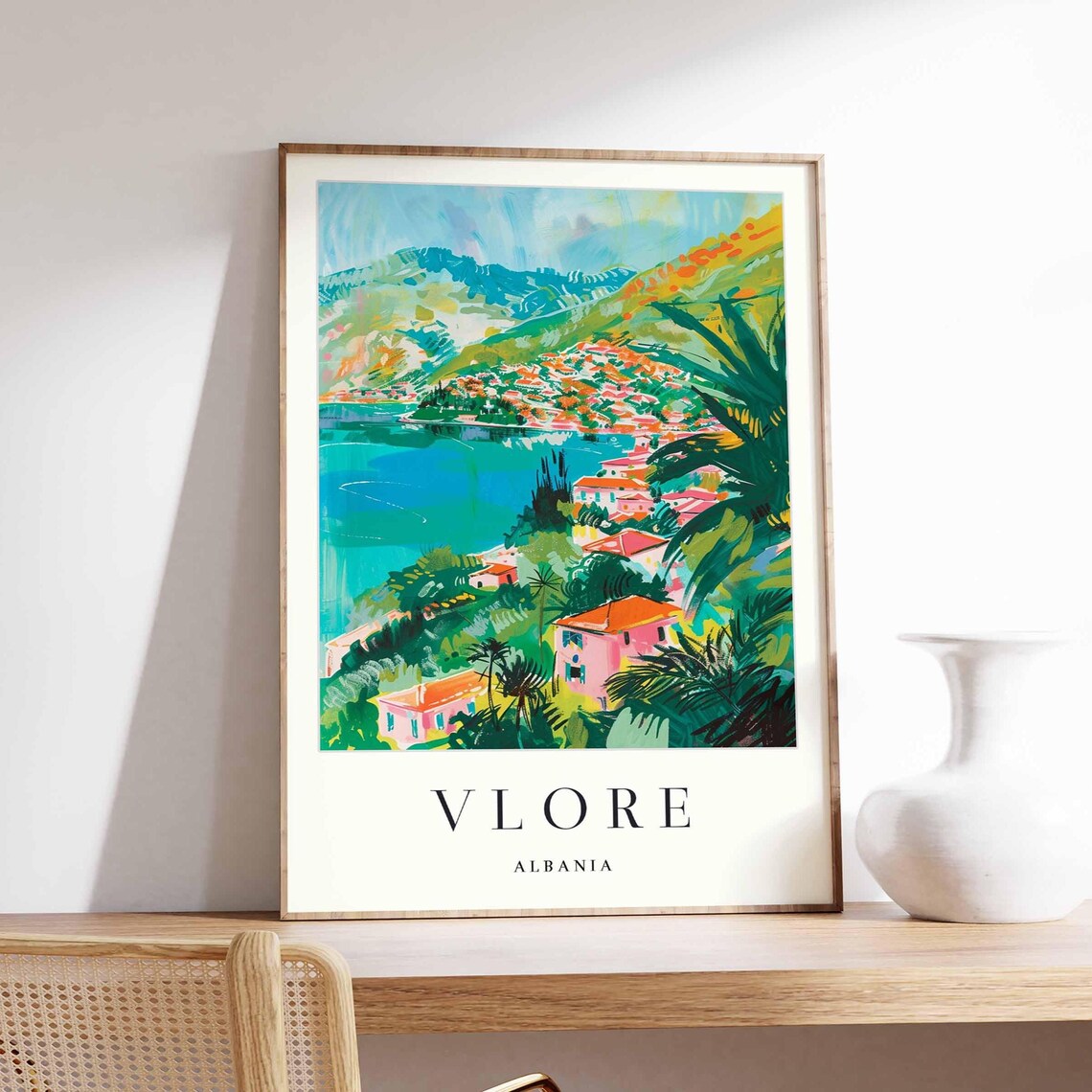 Vlore Albania Colorful Hillside Bay Town Palm Trees Travel Poster