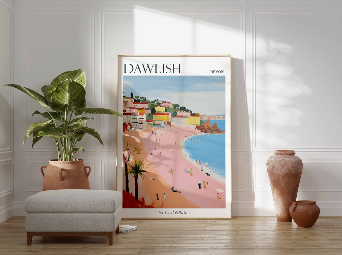 Dawlish Devon Pink Sand Beach Palm Trees Red Rock Art Travel Poster - Image 2