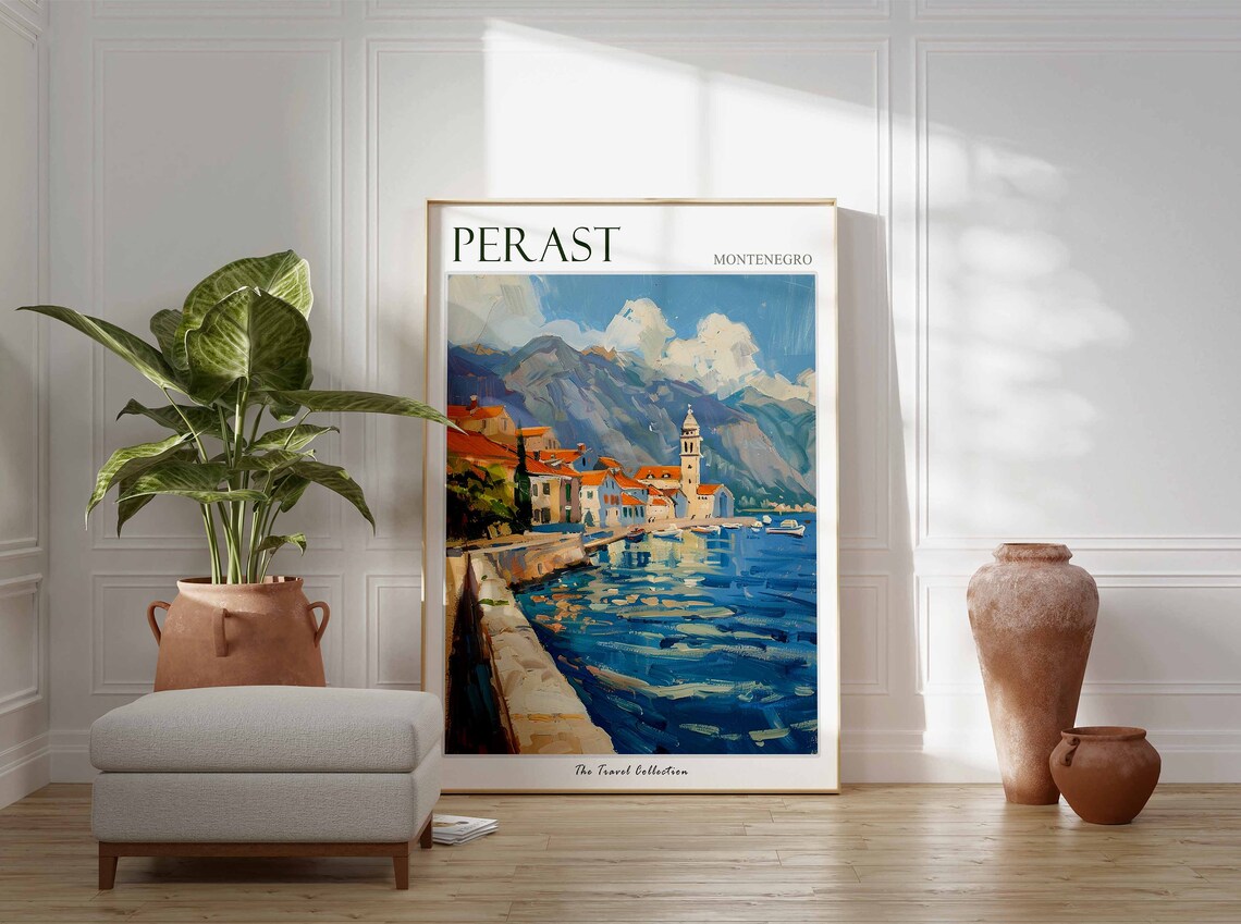 Perast Montenegro Harbor Boats Waterfront Old Town Painting Poster - Image 2