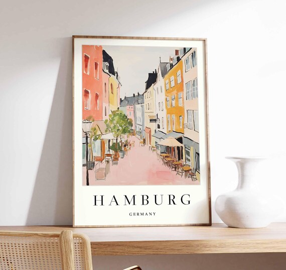 Hamburg Germany Colorful Cafe Street Watercolor Travel Art Poster