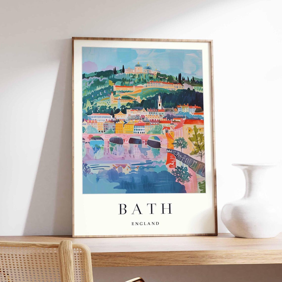 Bath England Riverside Bridge Colorful Cityscape Travel Poster