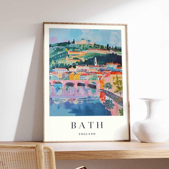 Bath England Riverside Bridge Colorful Cityscape Travel Poster