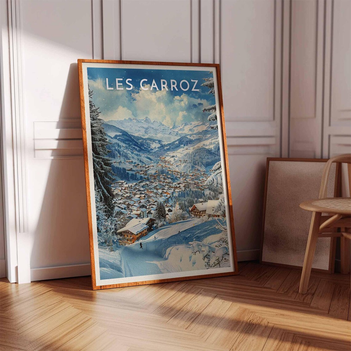 Les Carroz France Skiers on Slopes Alpine Village Winter Ski Poster - Image 3