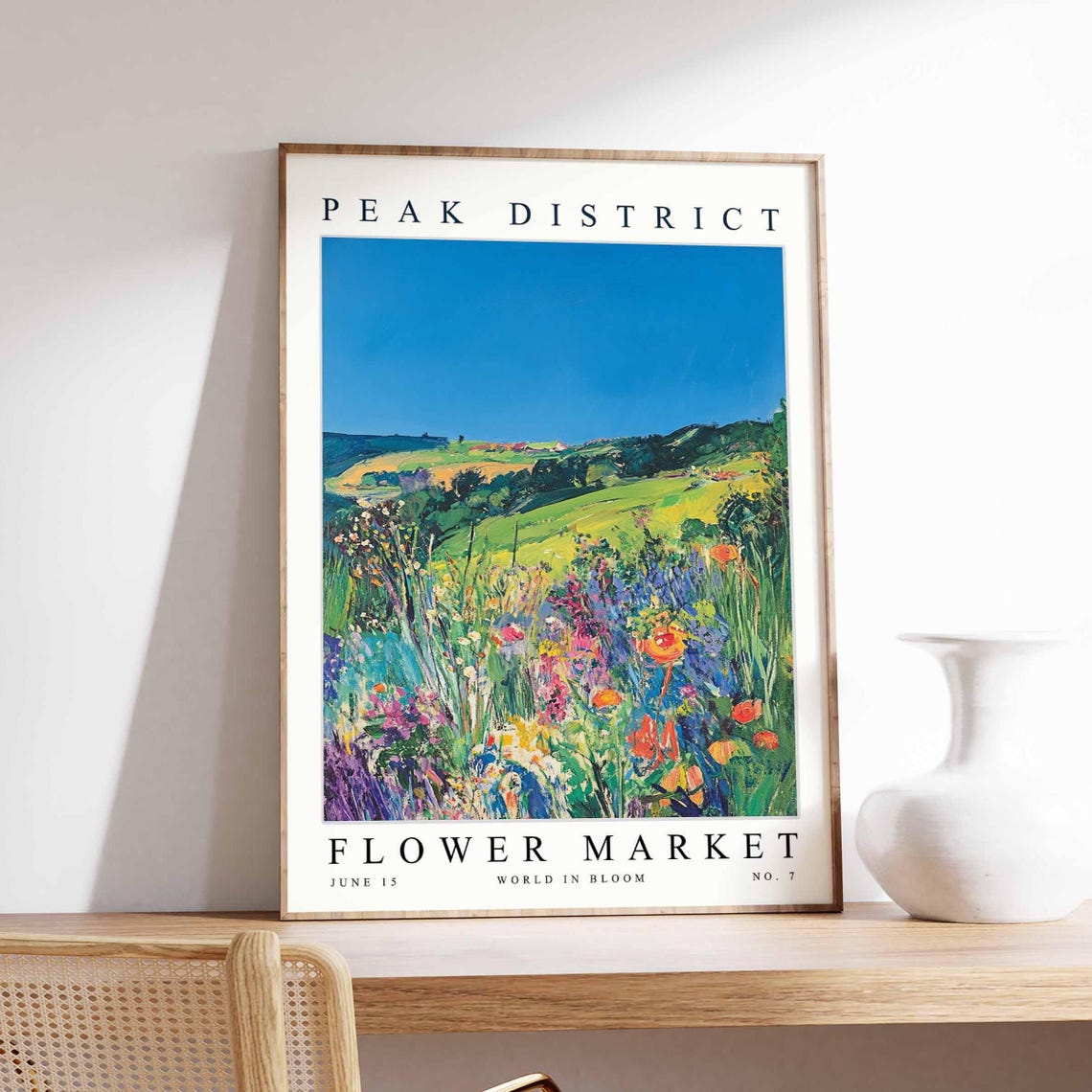 Peak District Green Valley Wildflower Meadow Vivid Blue Sky Poster