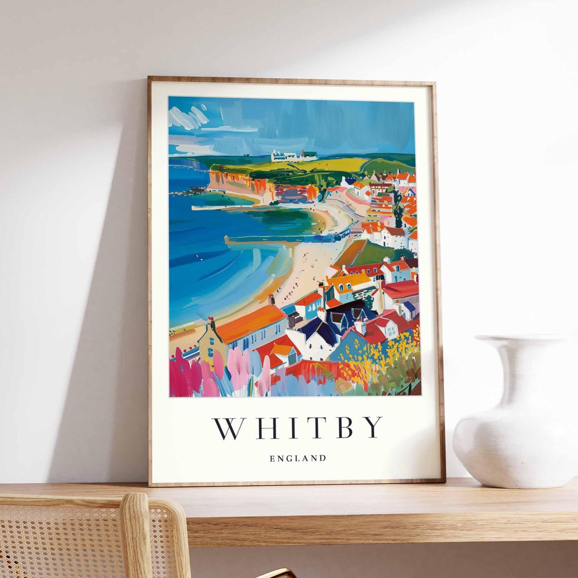 Whitby England Sandy Beach Harbor And Colorful Houses Poster