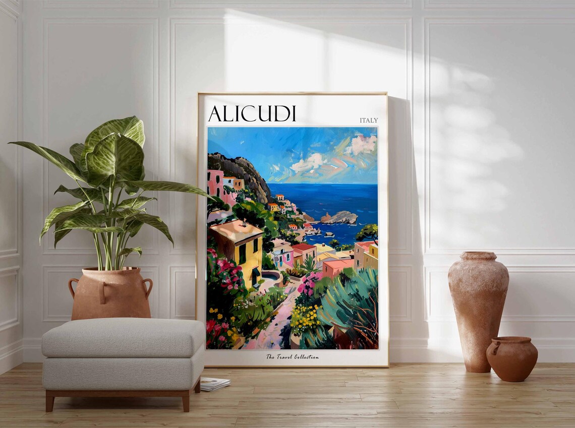 Alicudi Italy Hillside Village Blue Sea Bloom Balcony Art Poster - Image 2