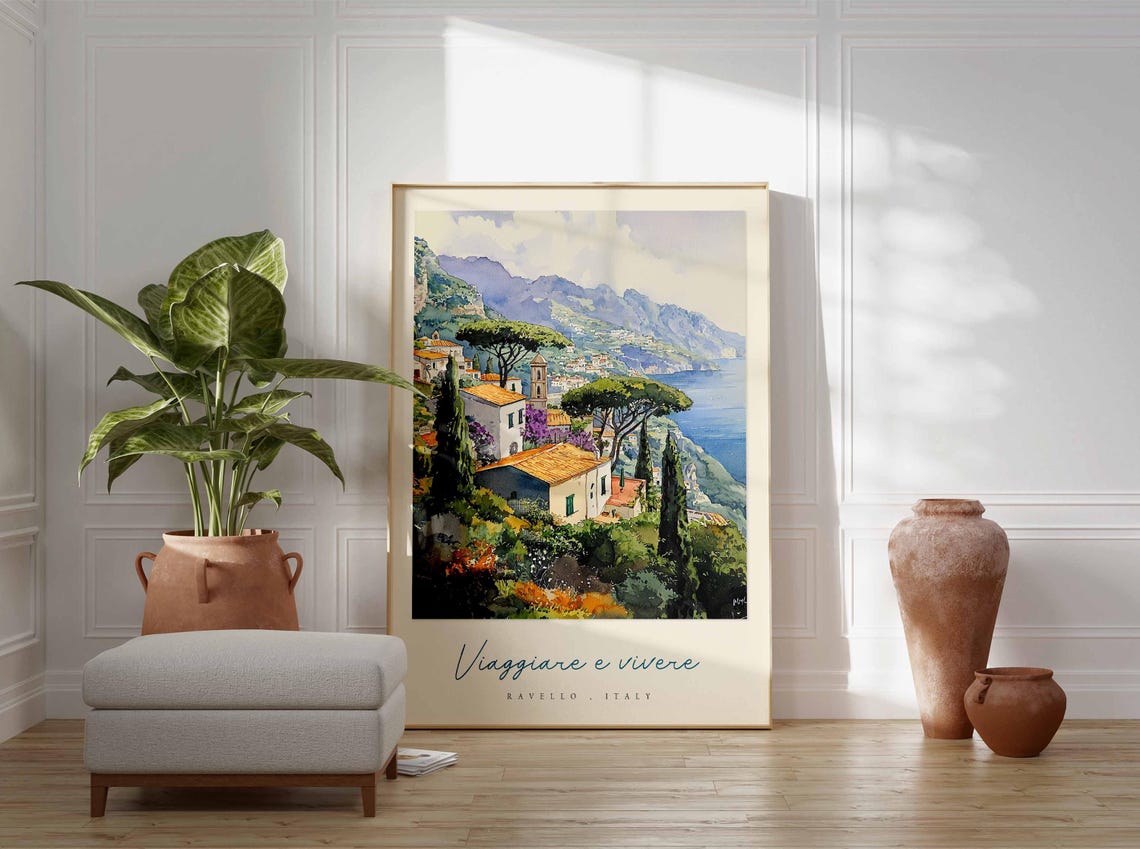 Ravello Italy Cypress Hillside Watercolor Villa Coast Scene Poster - Image 3