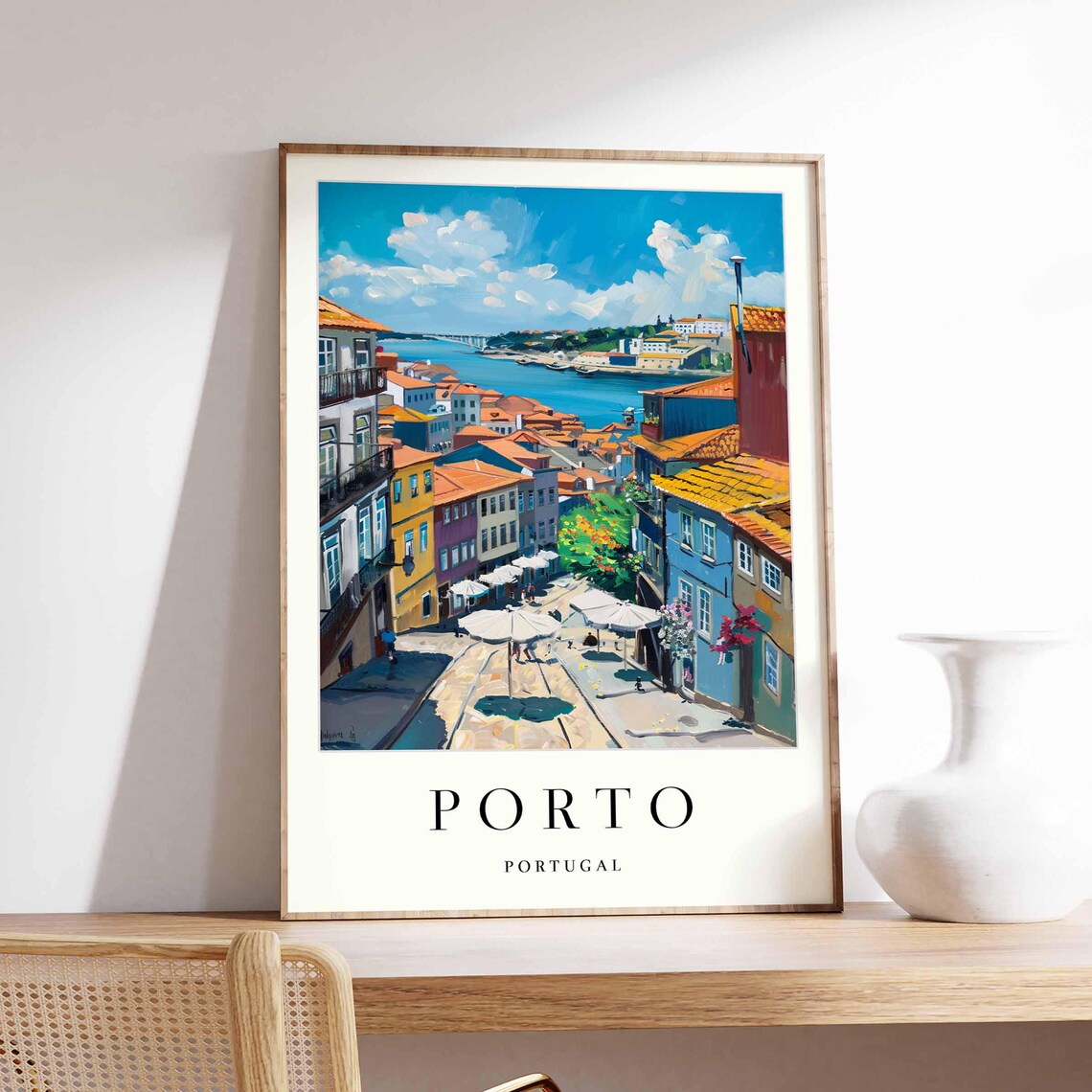 Porto Ribeira Street Cafe Umbrellas Dom Luis I Bridge Poster