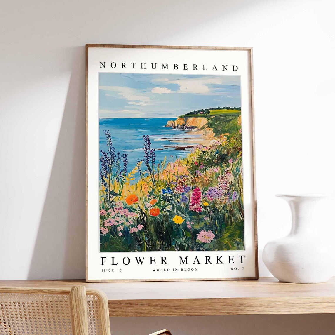 Northumberland Flower Market Cove Cliffs Lupine Poppies Poster