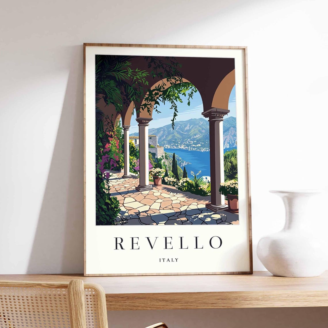 Revello Italy Arched Terrace Columns Bay View Flowers Poster