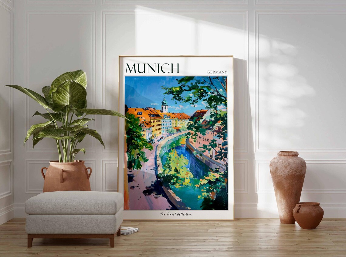Munich Germany Riverfront Church Tower Travel Collection Poster - Image 2