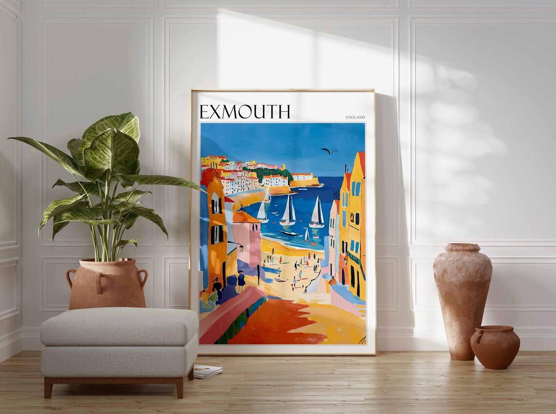 Exmouth England Old Town Street Beach Sailboats Colorful Poster - Image 3
