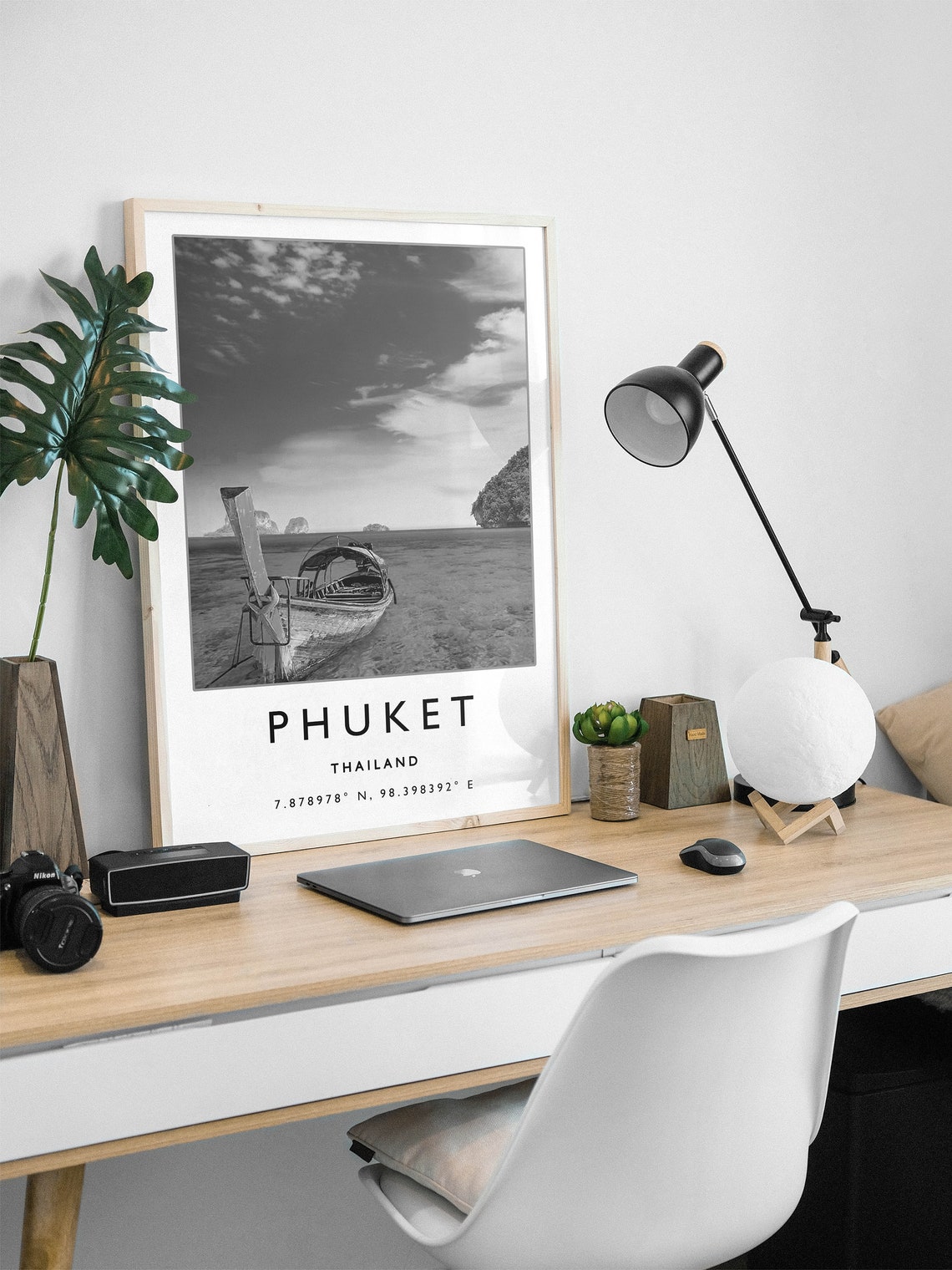 Phuket Thailand Black and White Poster Longtail Boat Beach Scene - Image 2