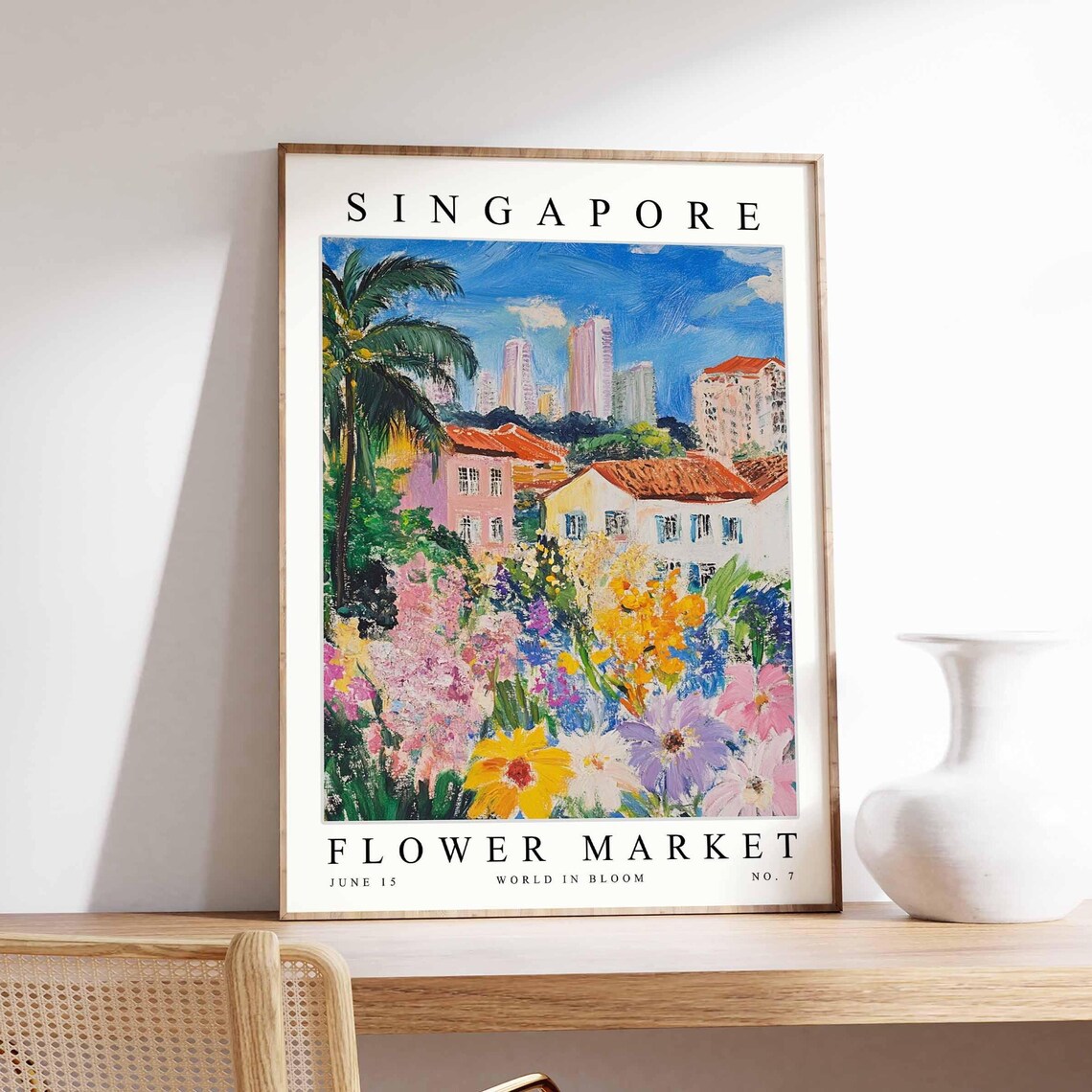 Singapore Flower Market Shophouse Rows Palm Colorful Bloom Poster