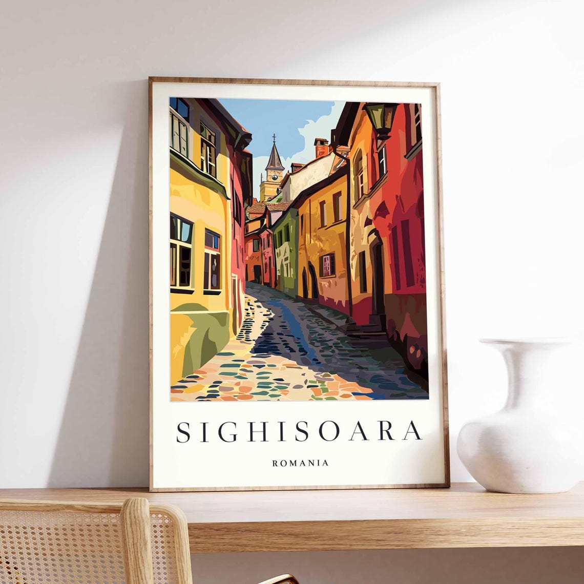 Sighisoara Romania Colorful Old Town Cobblestone Street Poster