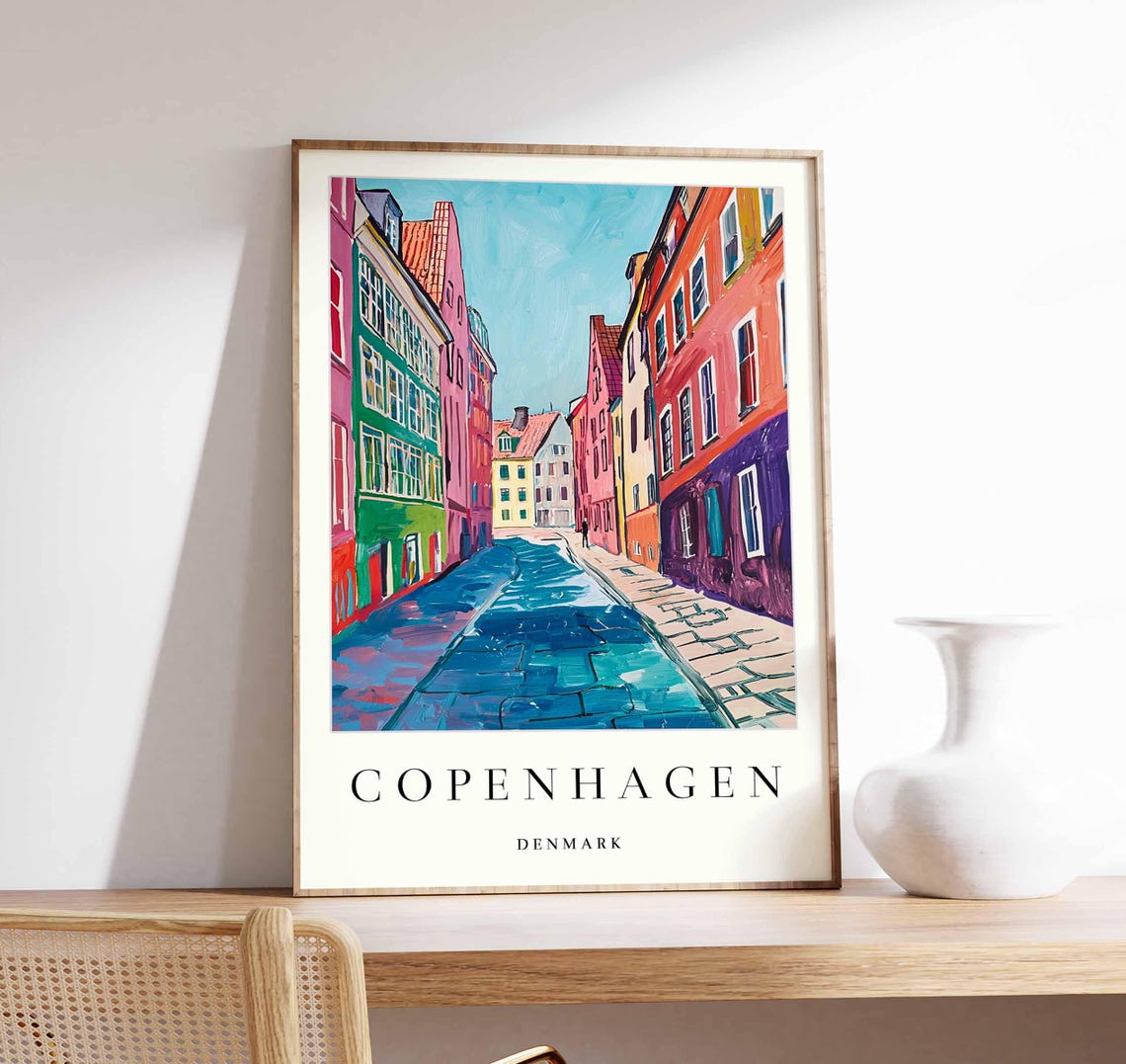 Copenhagen Denmark Cobalt Cobblestones Pink Green Orange Houses Poster