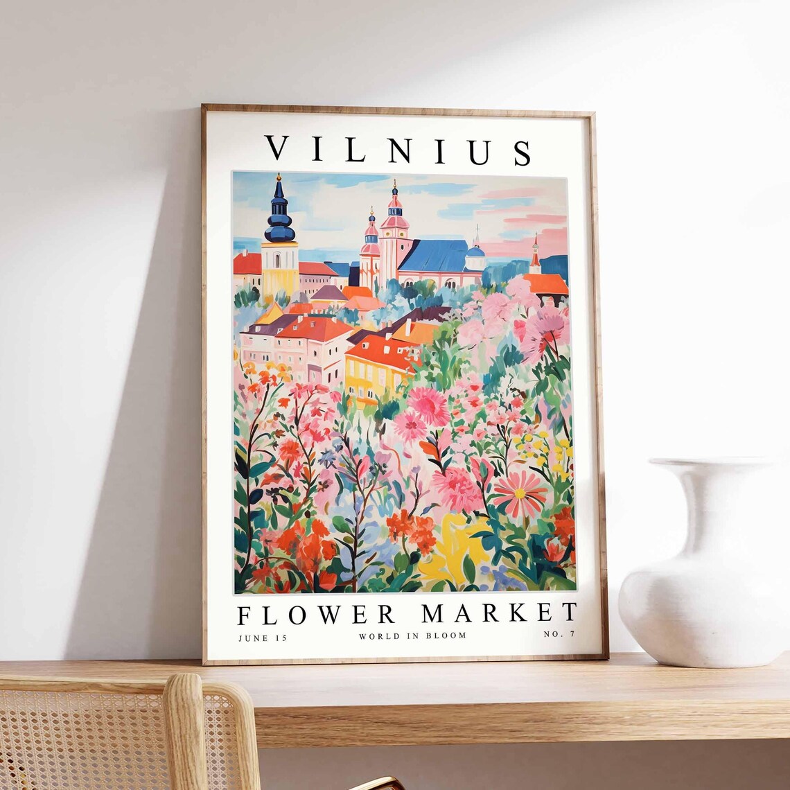 Vilnius Flower Market Blue Pink Church Towers Bright Blooms Poster