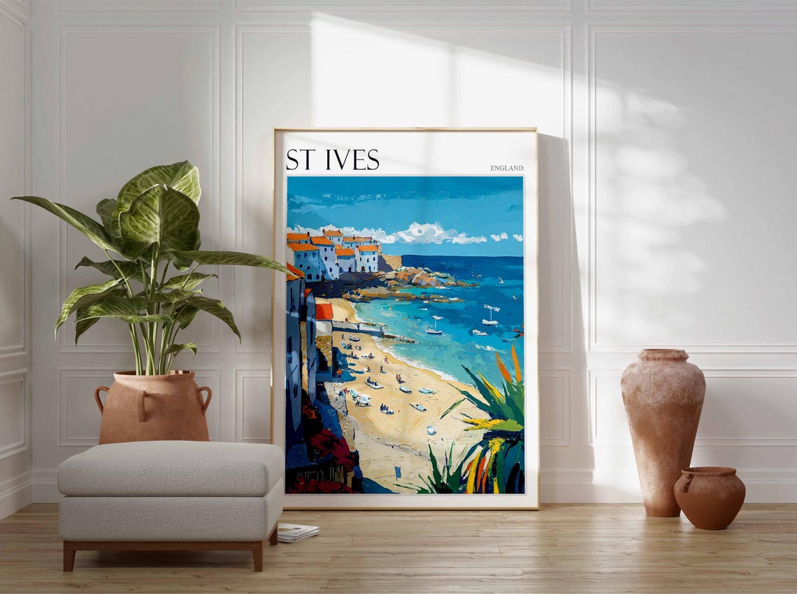 St Ives England White Cottages Golden Beach Boats Art Poster - Image 2