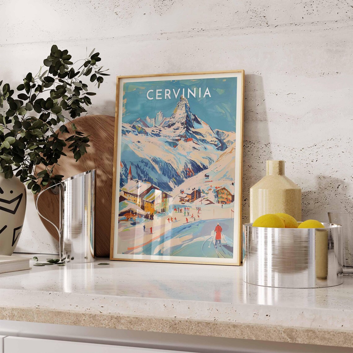 Cervinia Italy Matterhorn Peak Alpine Village Skiers Ski Poster - Image 2