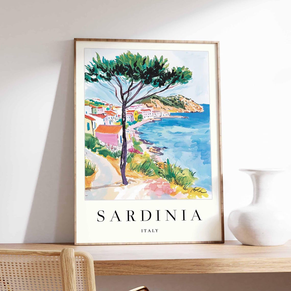 Sardinia Italy Sunny Coastal Town Watercolor Seaside Art Poster
